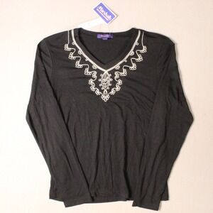 Bogari Women Large Black Silk Blend Embroidered Long Sleeve Pullover Blouse NWT